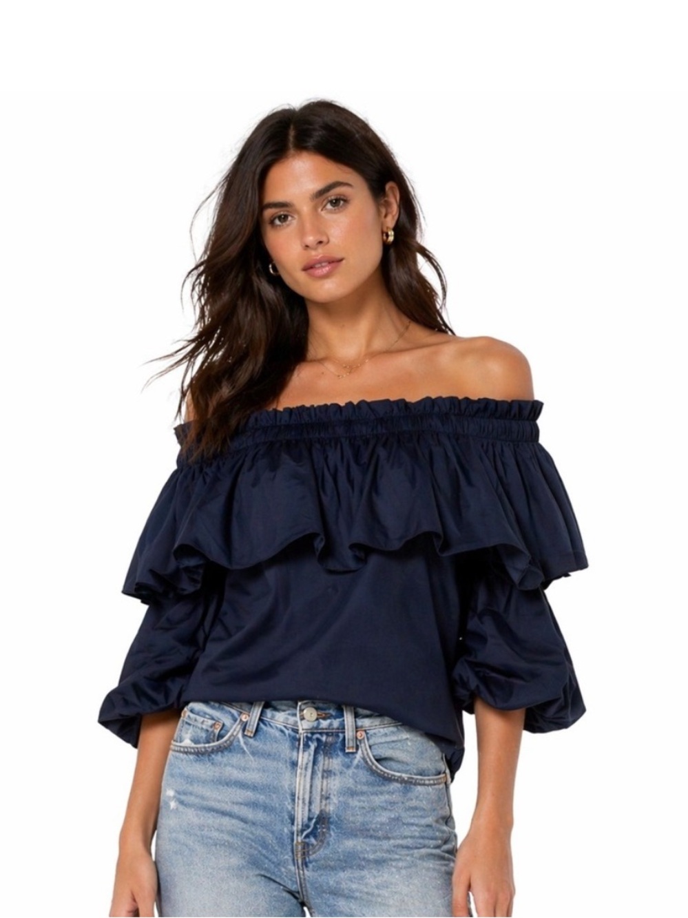 Alexis Off-Shoulder Navy Blue Barbie Ruffle Blouse Long Sleeve Small Cotton
